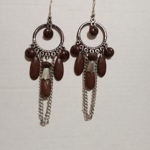 Pair of dangle metal/wooden earrings